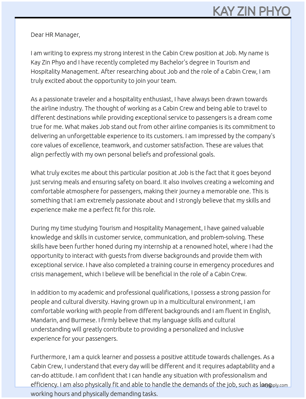 Cabin crew  At Job Cover Letter