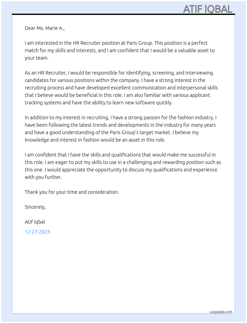HR Recruiter At Paris Group  Cover Letter