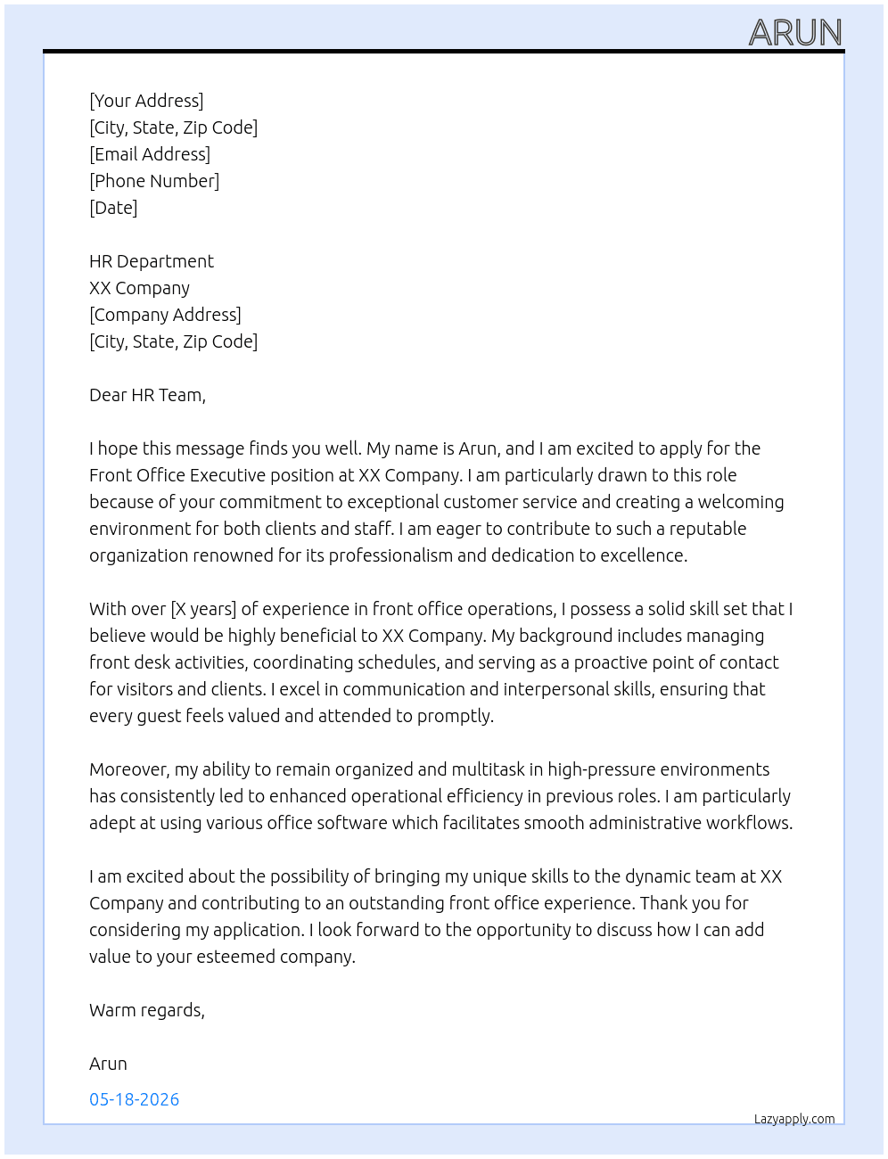 front office executive At xx Cover Letter