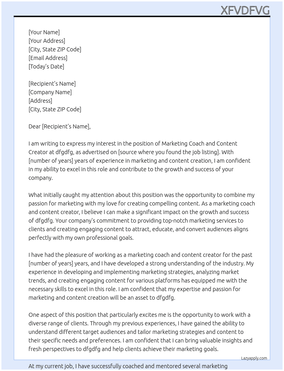 marketing coach and content creator  At dfgdfg Cover Letter