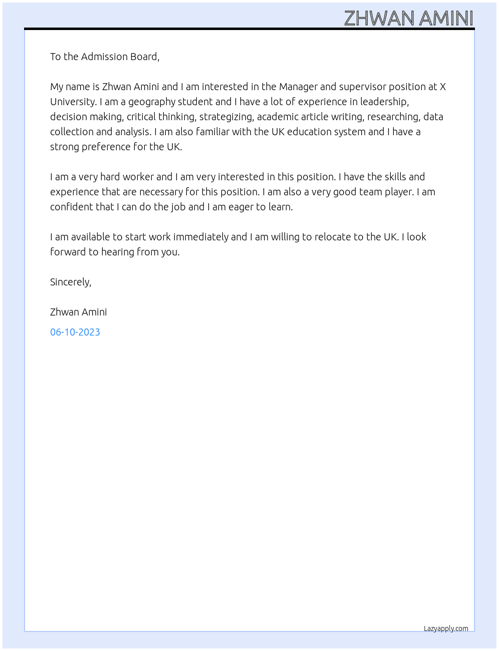 Manager and supervisor At X University Cover Letter