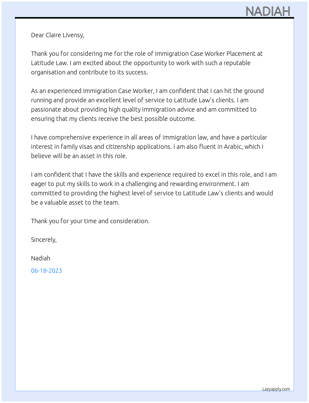 Immigration Case worker Placement  At Latitude Law Cover Letter