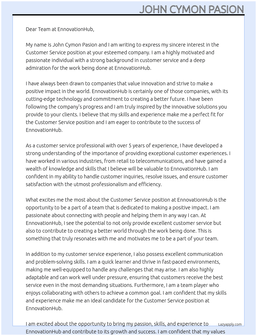 Customer Service  At EnnovationHub  Cover Letter