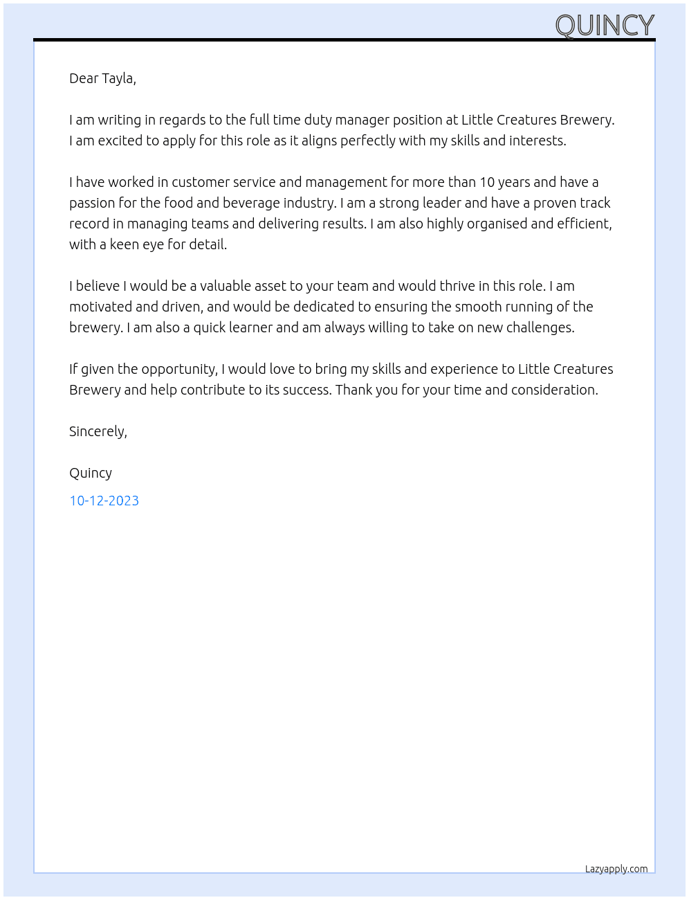 full time duty manager At Little Creatures Brewery  Cover Letter