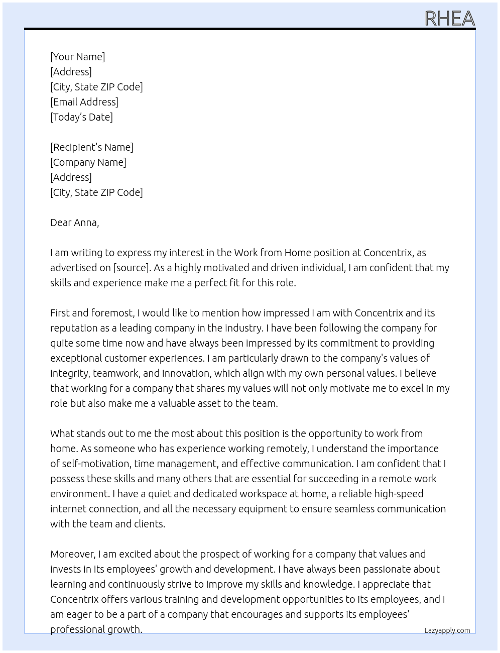 Work from Home At Concentrix Cover Letter