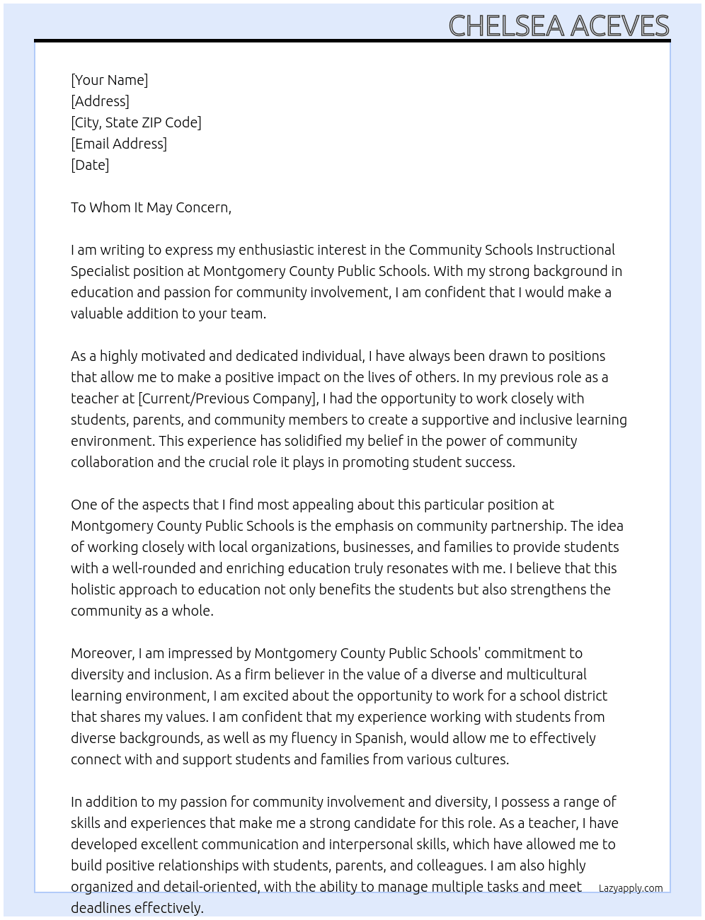 Community Schools Instructional Specialist At Montgomery County Public Schools Cover Letter