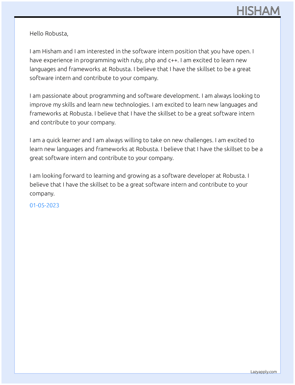 software intern At Robusta Cover Letter