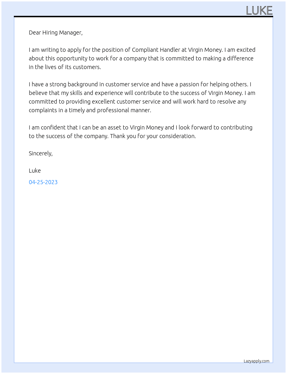 Compliant Handler At Virgin Money Cover Letter
