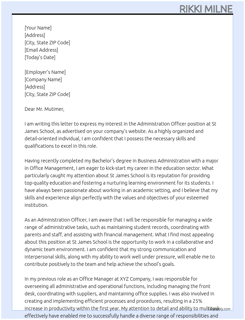 Administration Officer At St James School Cover Letter
