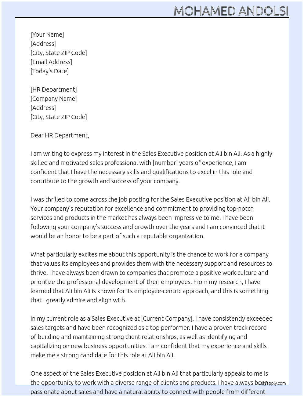 Sales executive At Ali bin ali Cover Letter