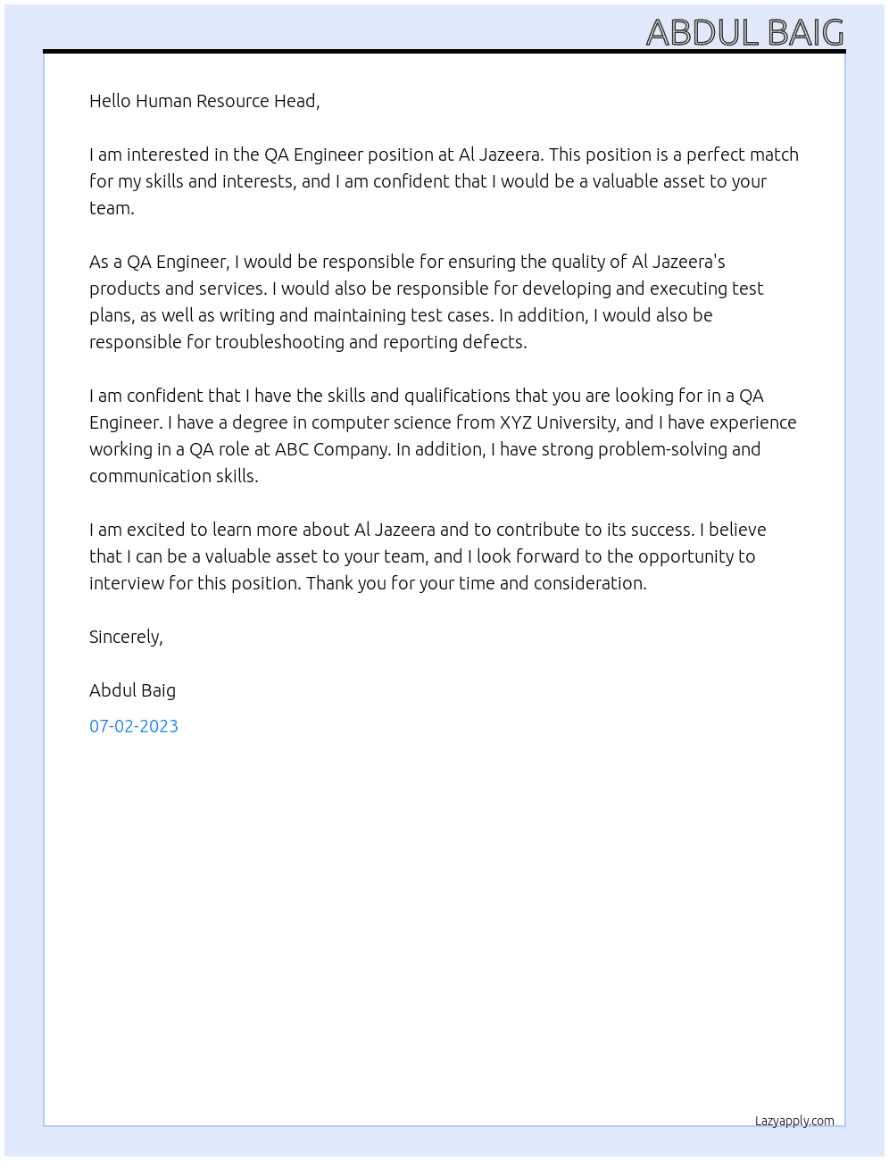 QA Engineer At Al Jazeera Cover Letter