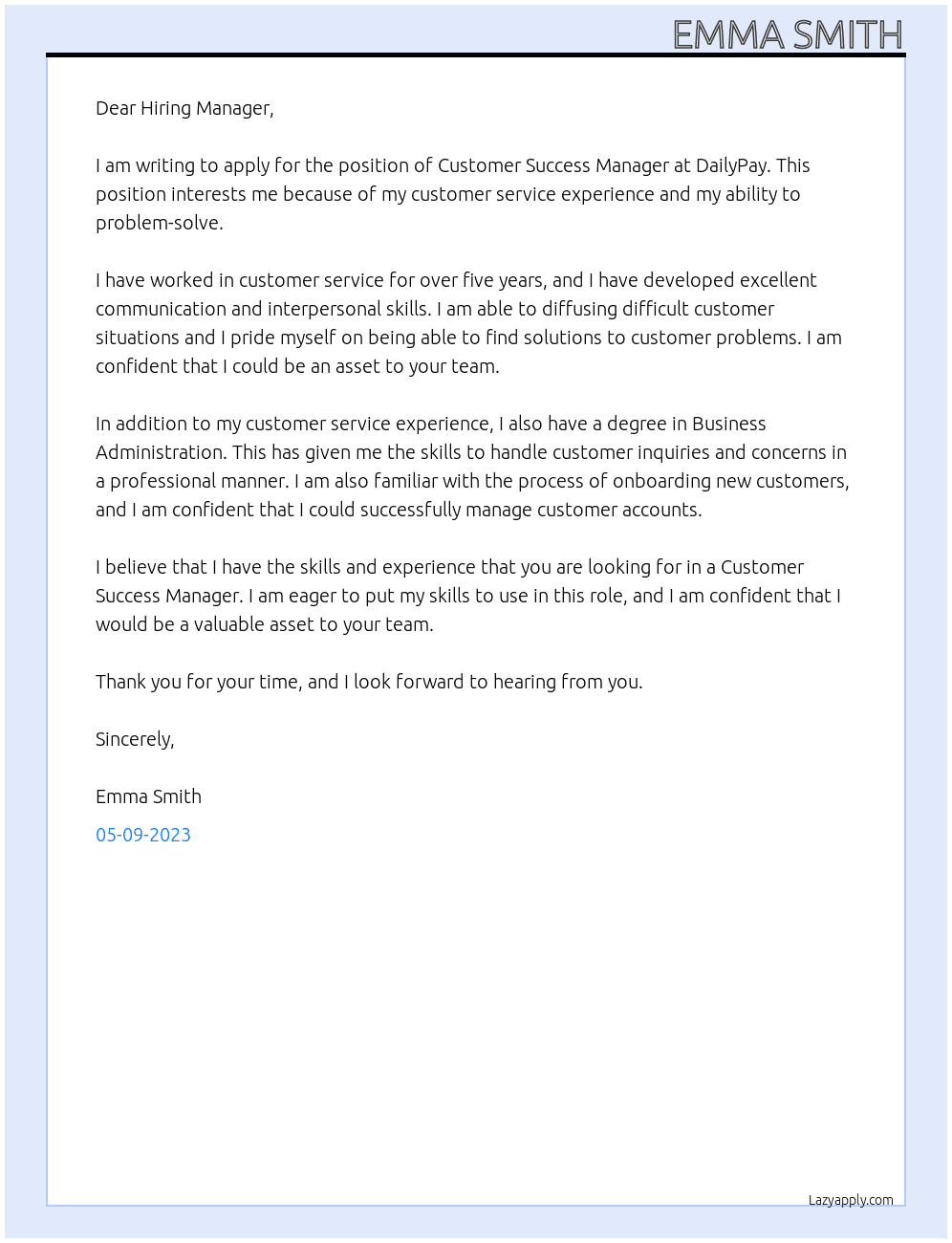 Customer Success Manager At DailyPay Cover Letter