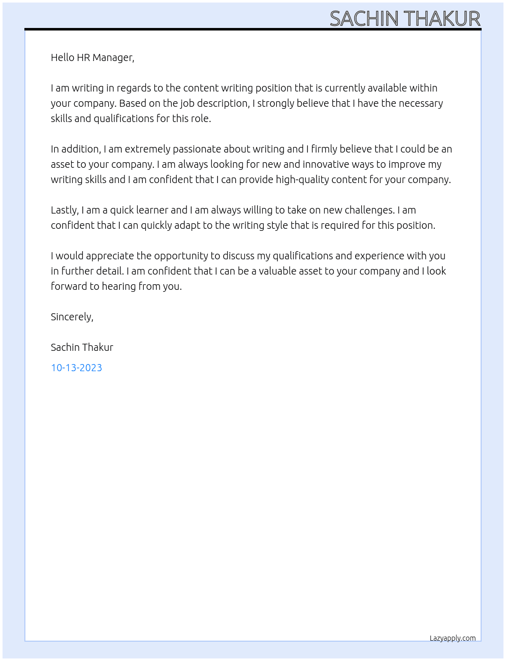 Content writing  At Content writing  Cover Letter
