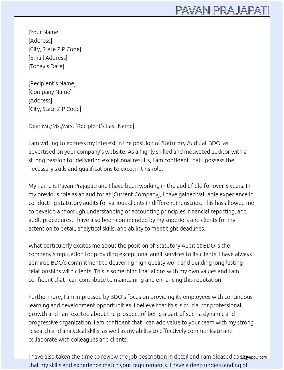 statutory audit At BDO  Cover Letter