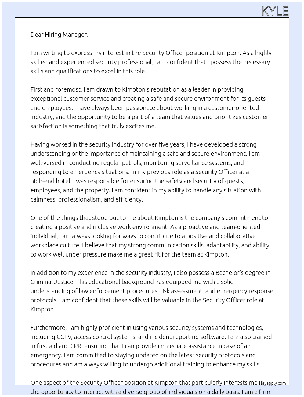 Security Officer At Kimpton Cover Letter
