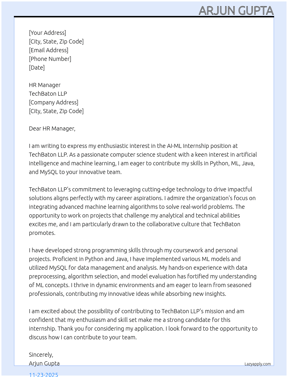 AI-ML Internship At TechBaton LLP Cover Letter