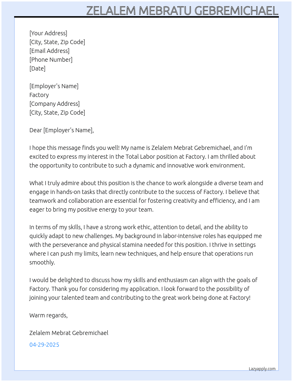 total labor At factory  Cover Letter