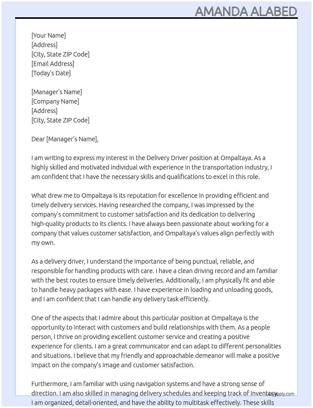 Delivery driver At ompaltaya Cover Letter