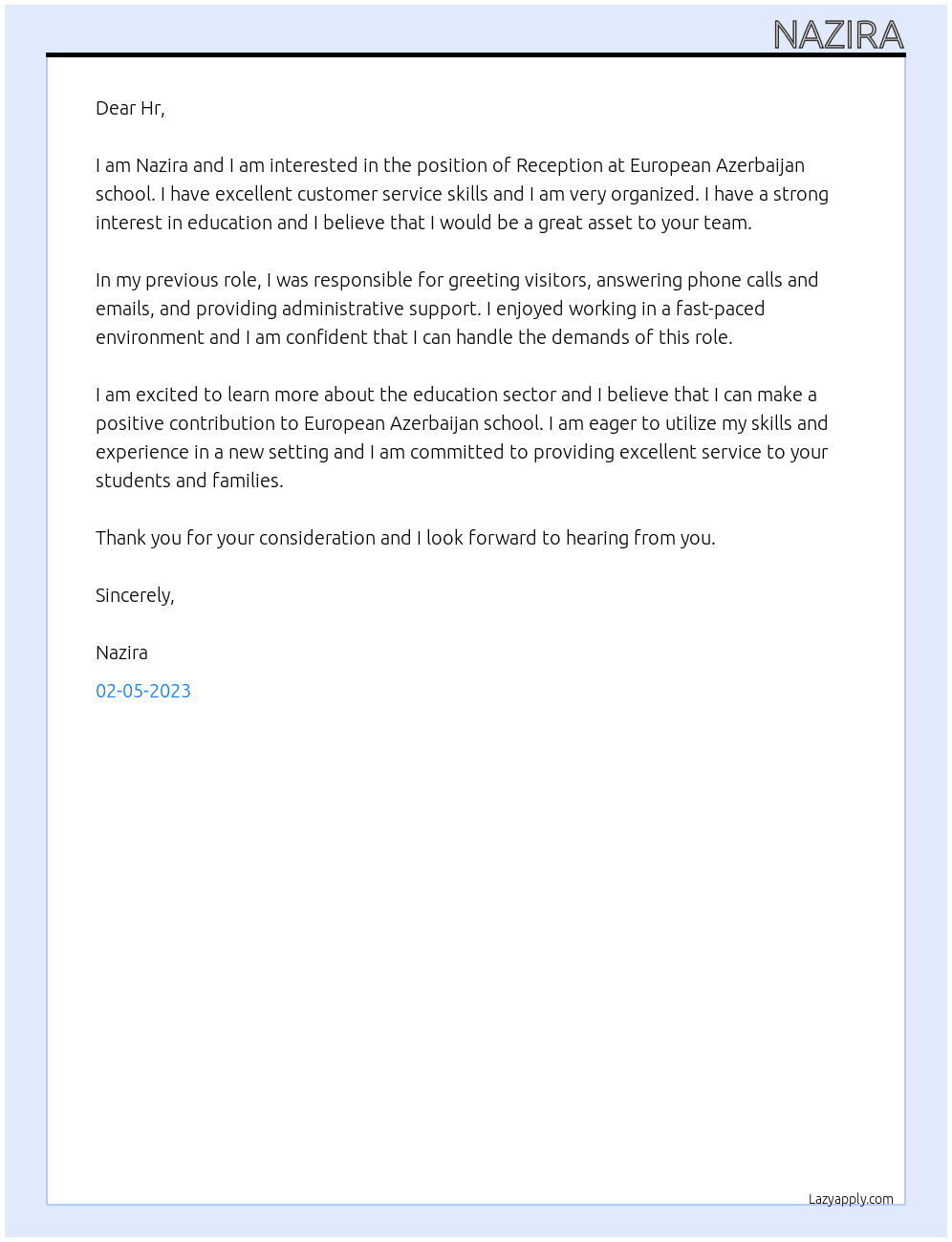 Reception At European Azerbaijan school Cover Letter