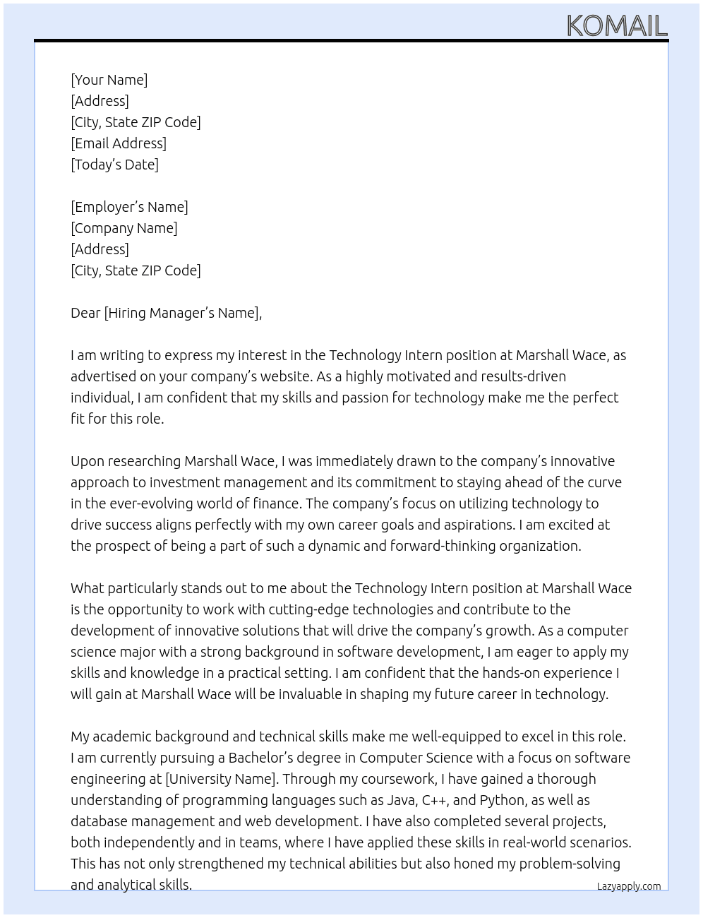 Technology Intern At Marshall Wace Cover Letter