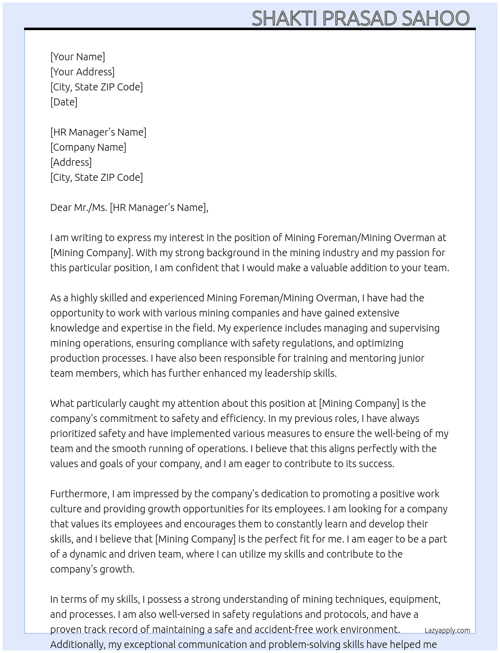 Cover letter for mining foreman/mining overman - LazyApply