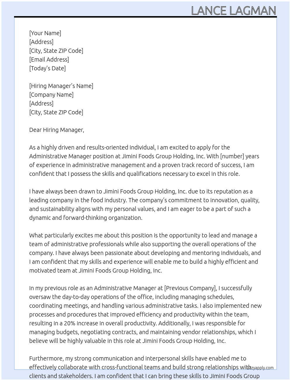 Administrative Manager At Jimini Foods Group Holding, Inc. Cover Letter