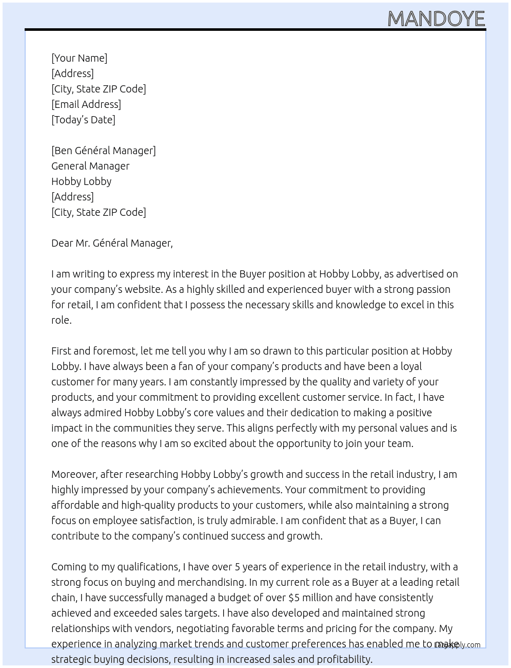 Buyer At Hobby lobby Cover Letter