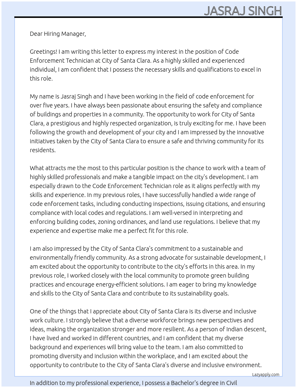 Code Enforcement Technician At City of Santa Clara Cover Letter