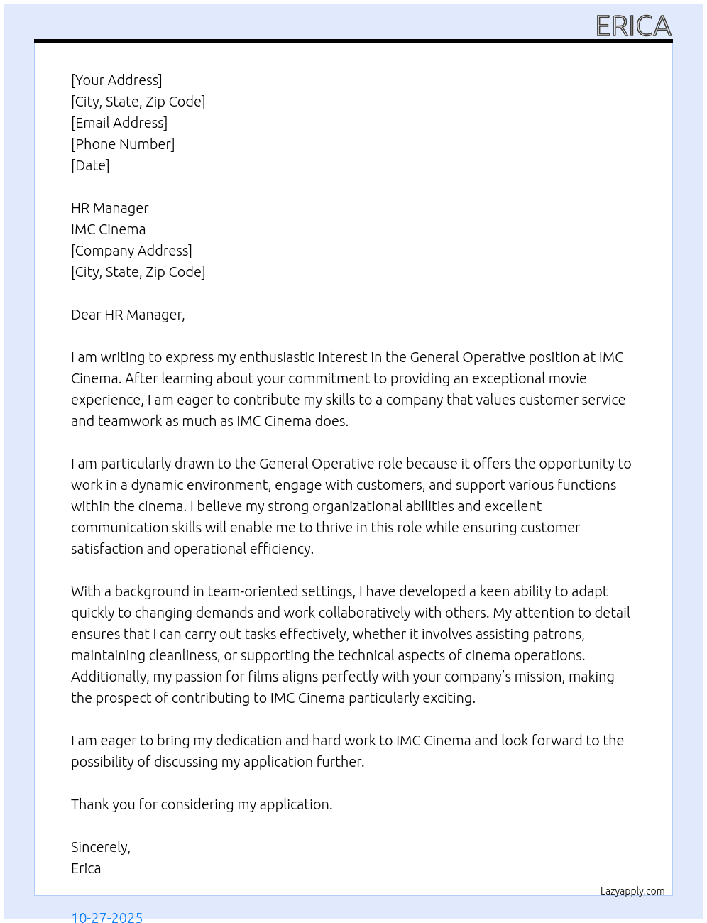 general operative At IMC Cinema  Cover Letter