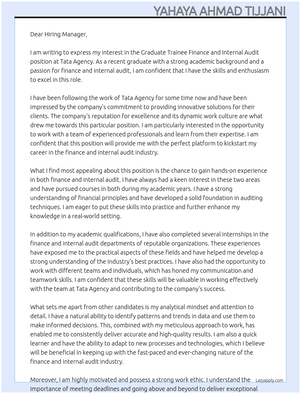 Graduate Trainee Finance and internal Audit At Tata Agency Cover Letter