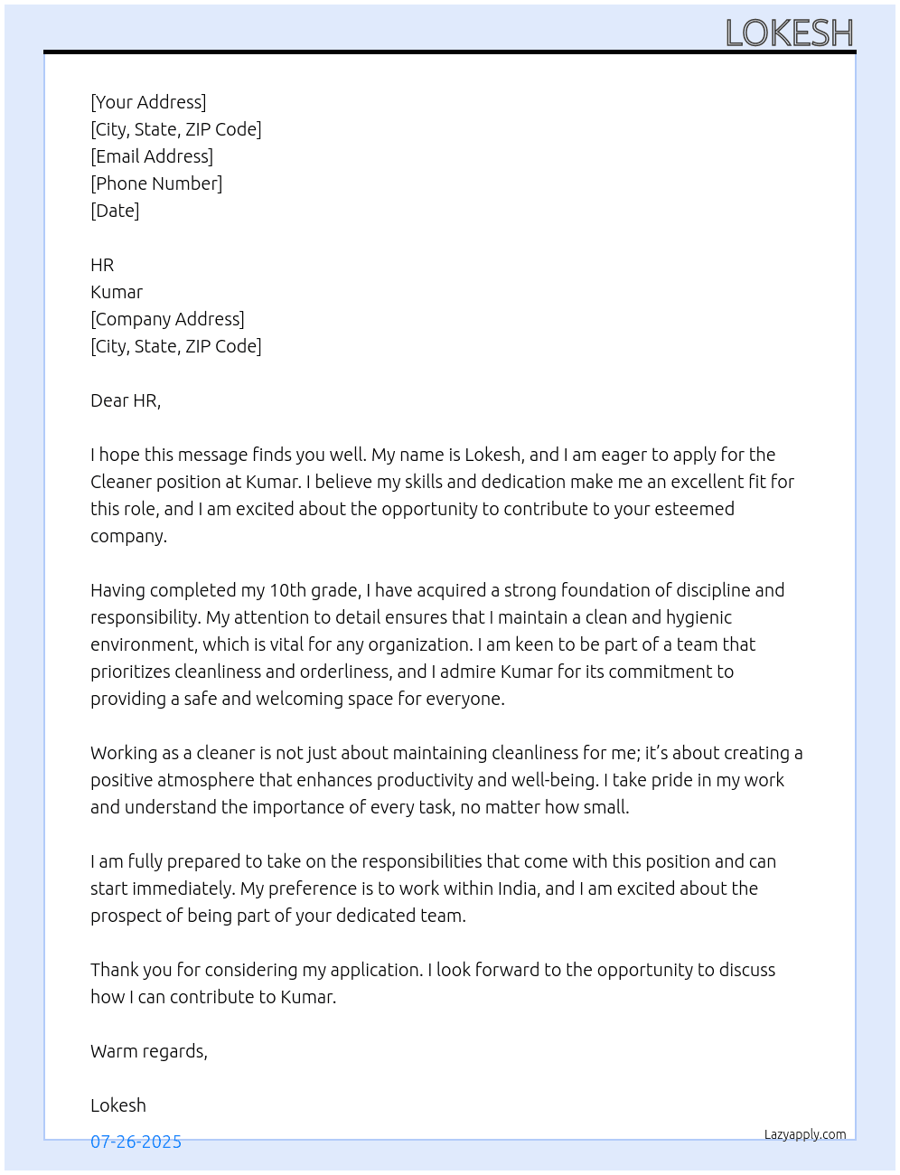 Cleaner At Kumar Cover Letter