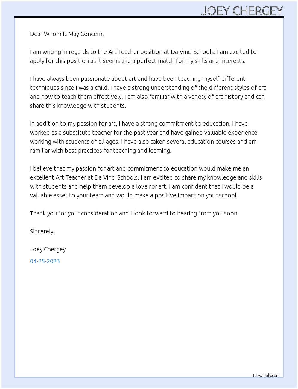 Art Teacher At Da Vinci Schools Cover Letter
