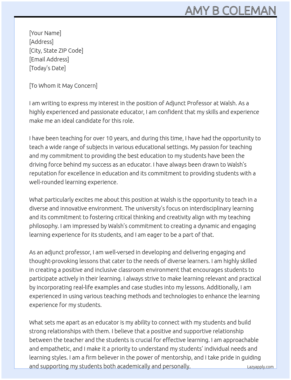 adjunct professor At Walsh Cover Letter