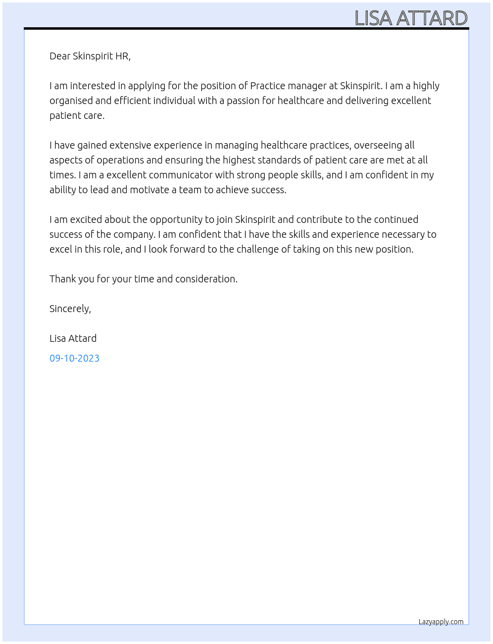 Practice manager  At Skinspirit Cover Letter