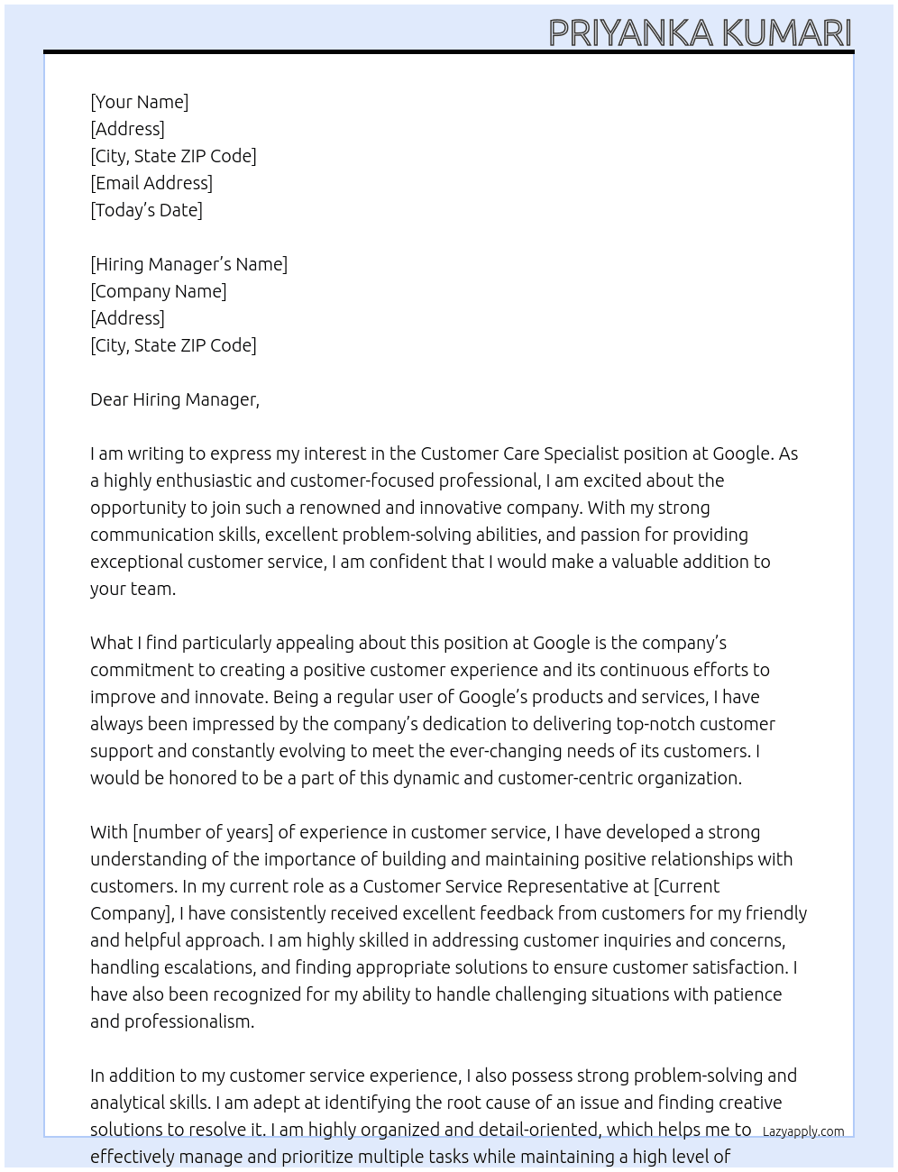 Customer Care Specialist At Google Cover Letter