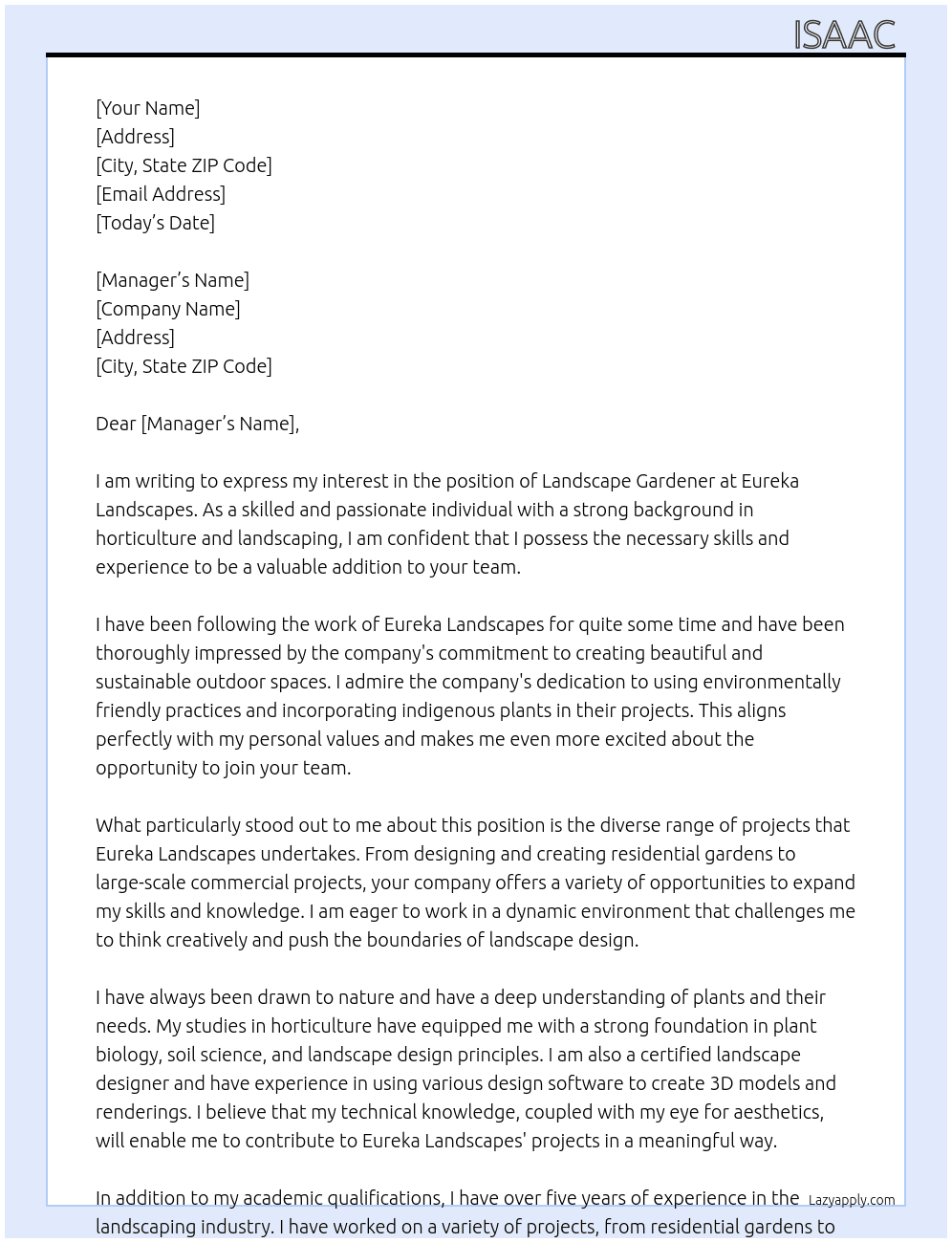 landscape gardener  At Eureka Landscapes Cover Letter