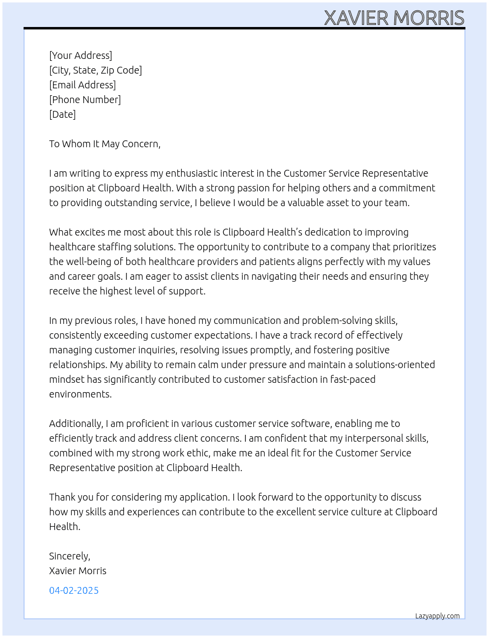 Customer service representative  At Clipboard Health Cover Letter