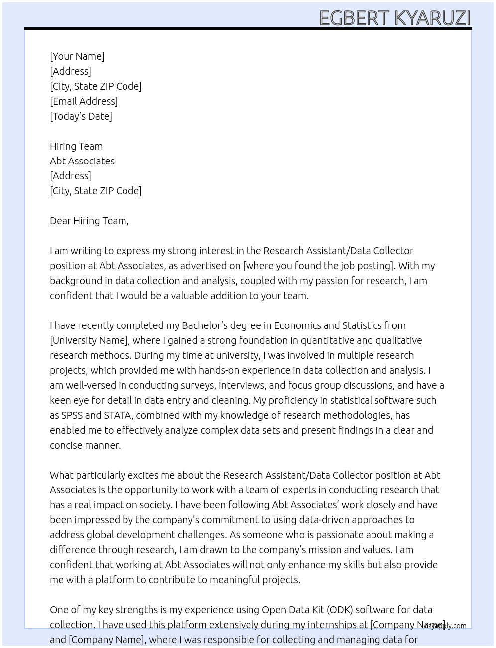 Research Assistant/Data Collector At Abt Associates Cover Letter