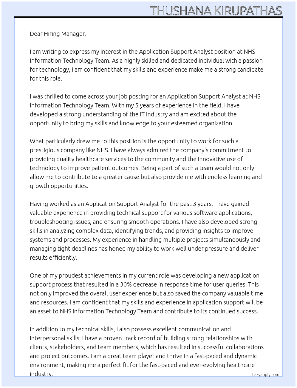 Application support analyst At NHS information technology team Cover Letter