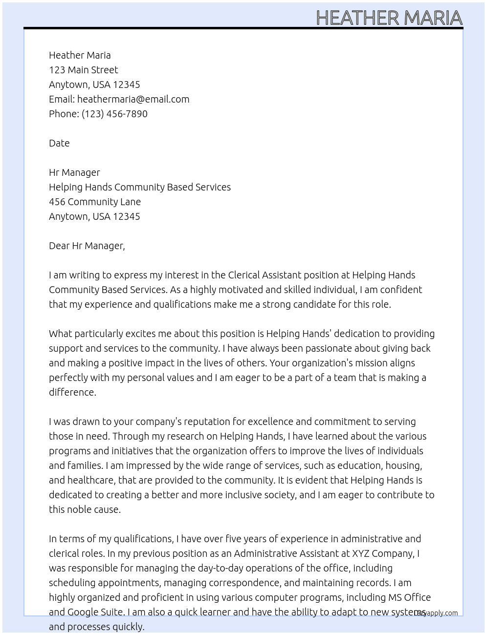 clerical assistant At helping hands community based services Cover Letter