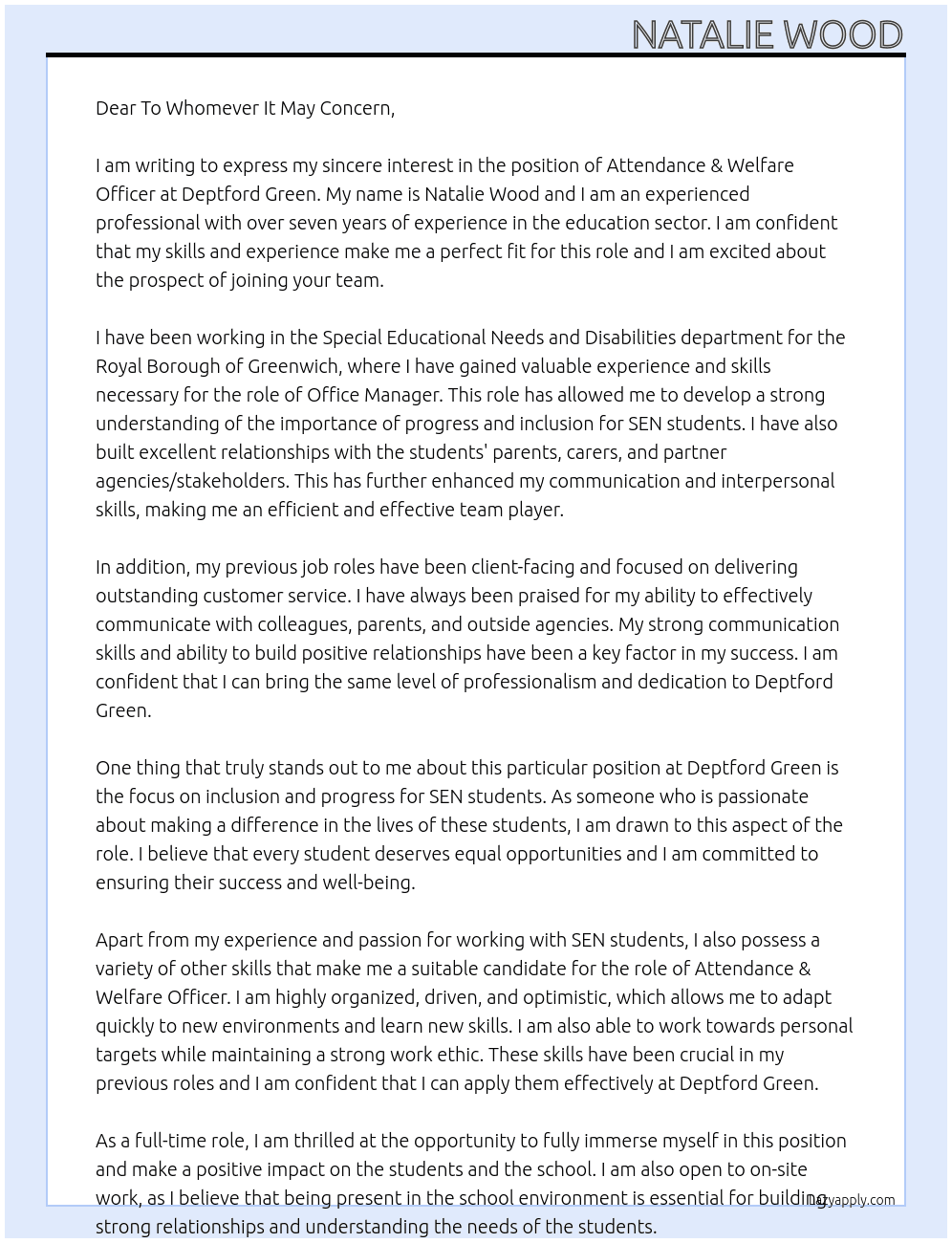 Attendance & Welfare Officer At Deptford Green  Cover Letter