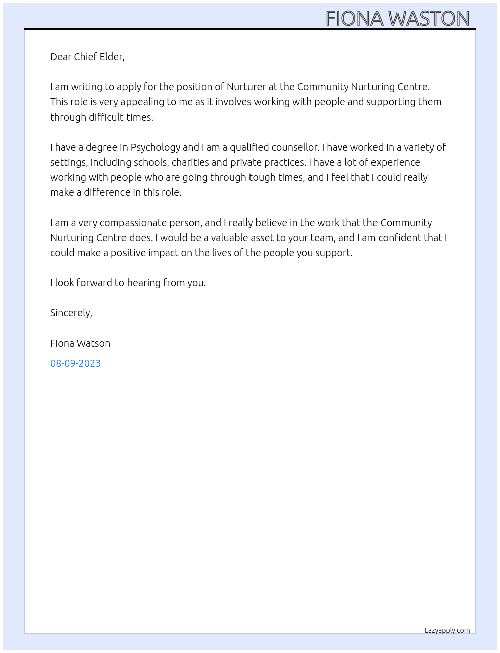 Nurturer   At Community Nurturing Centre  Cover Letter