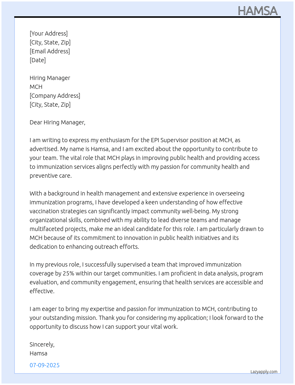 EPI supervisor  At MCH  Cover Letter