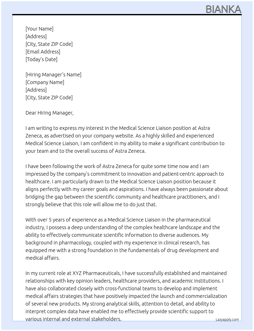 Medical Science liason  At Astra Zeneca Cover Letter