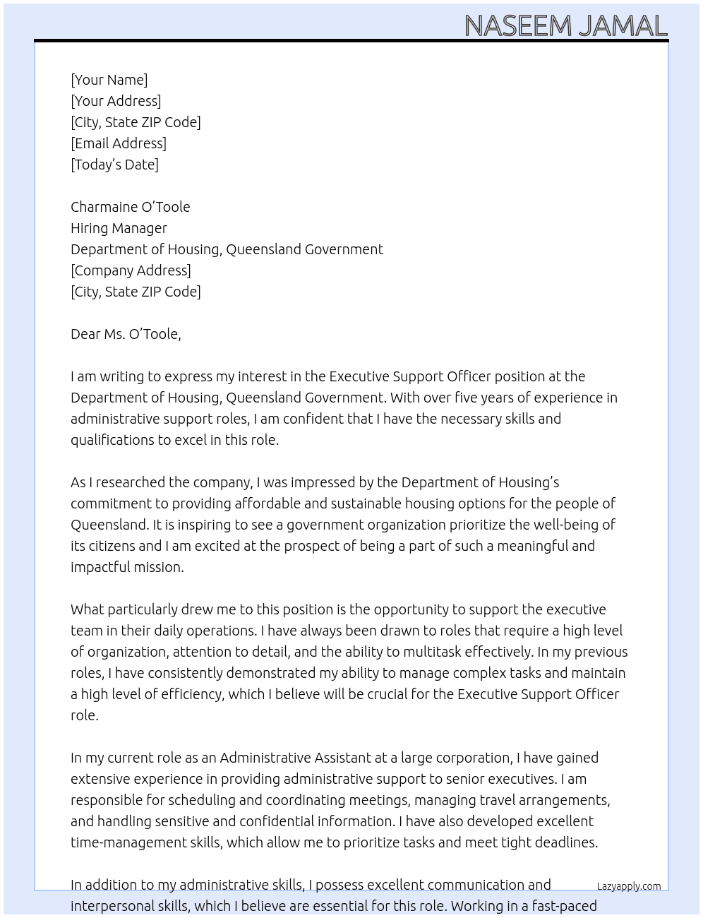 Executive Support Officer At Department of Housing, Queensland Government Cover Letter