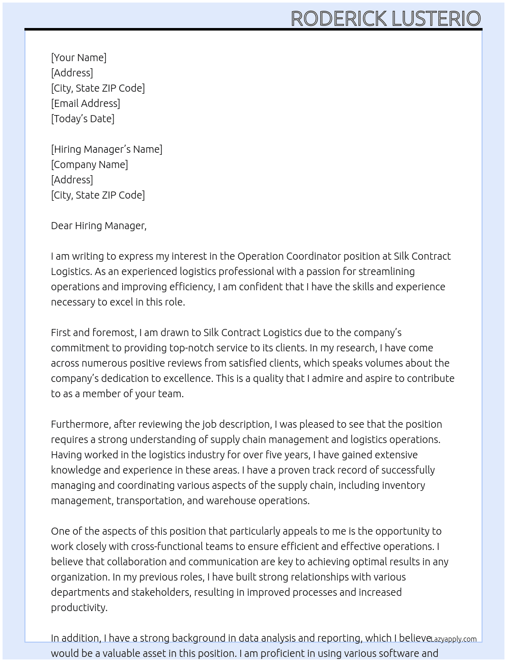 Operation Coordinator At Silk Contract Logistics Cover Letter