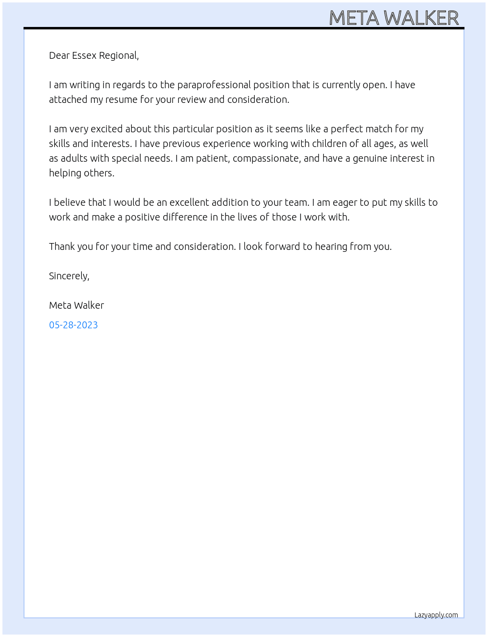 Paraprofessional  At Essex regional  Cover Letter
