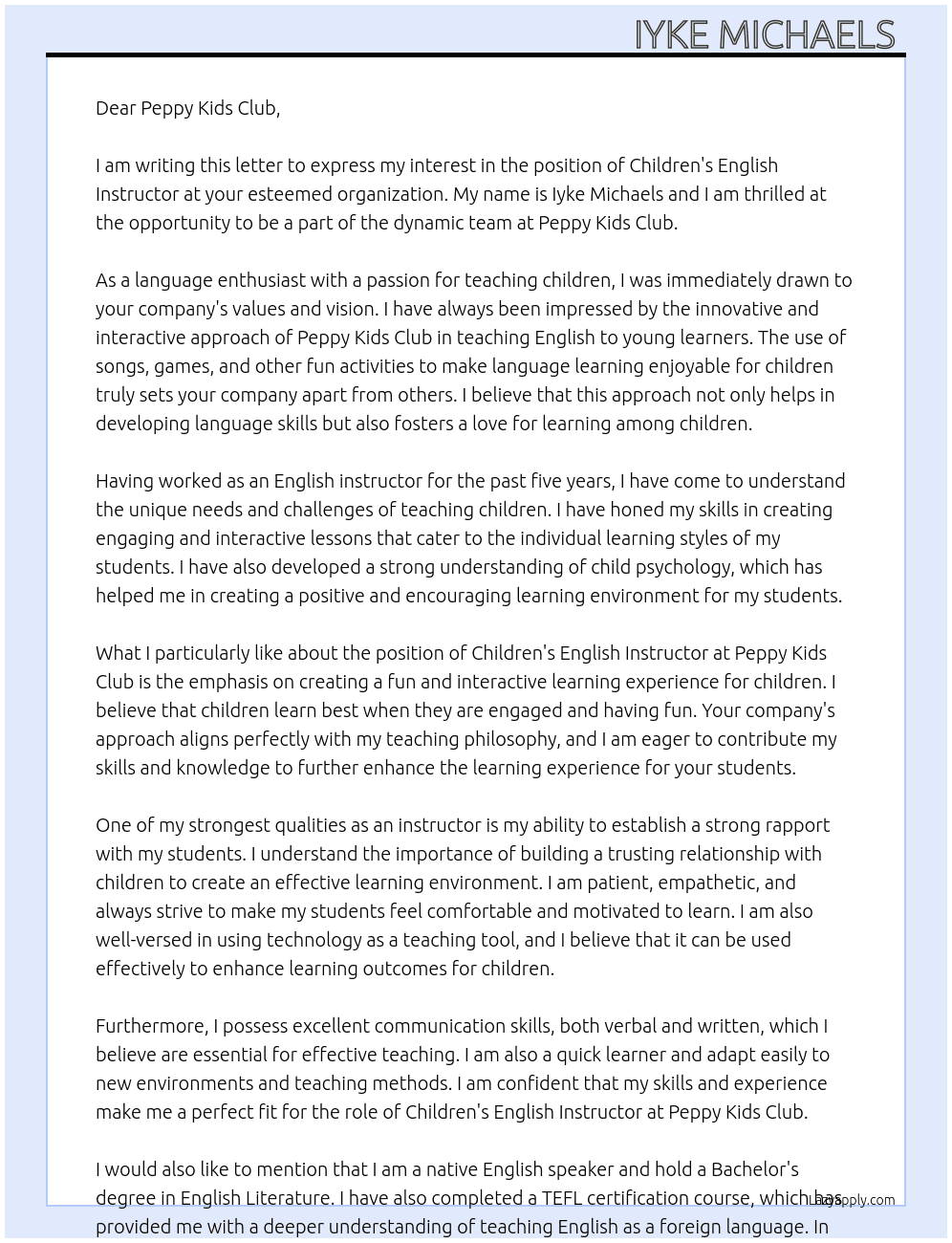 Children's English Instructor At Peppy Kids club Cover Letter