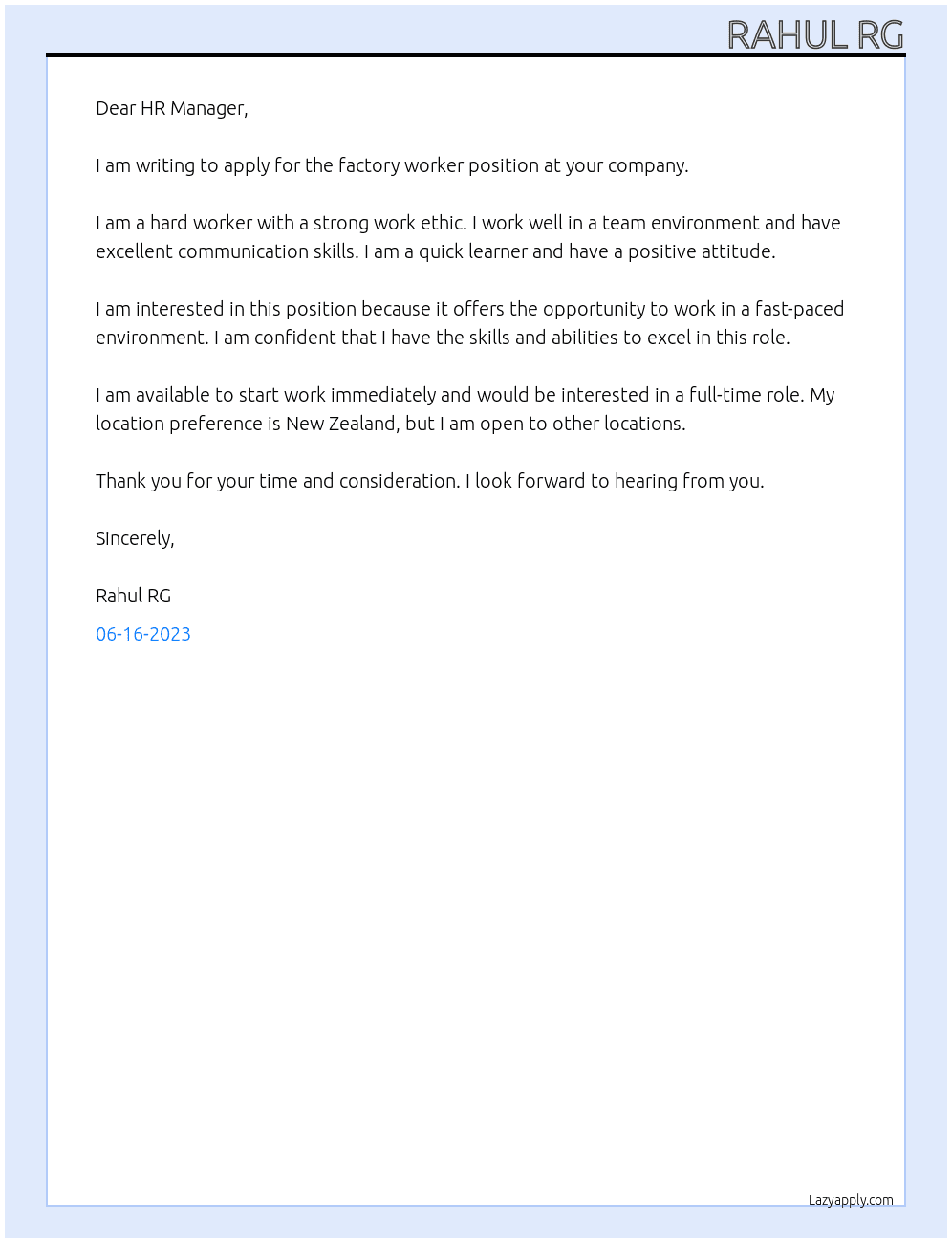 Factory worker At Company  Cover Letter