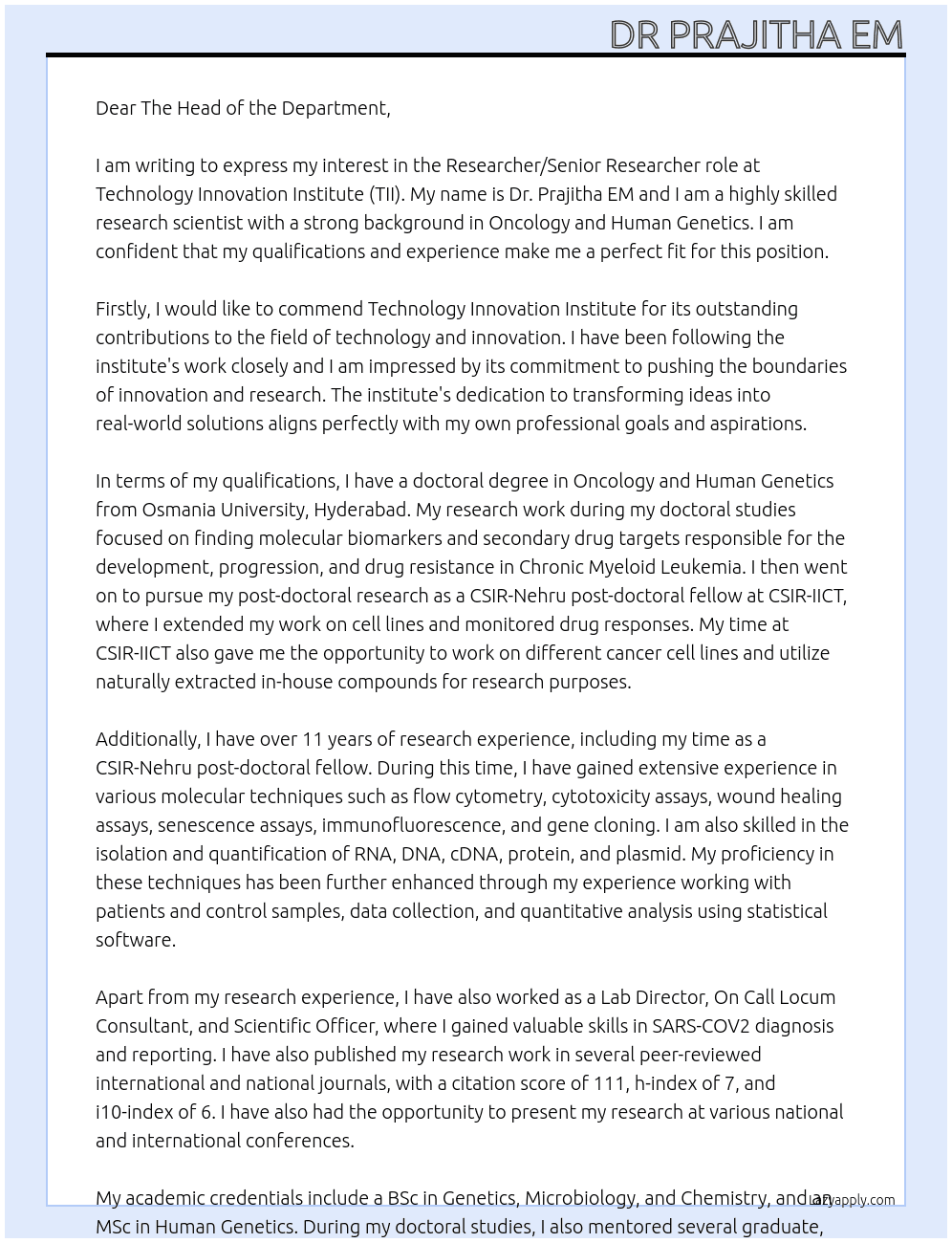Technology Innovation Institute (TII)  At technology innovation institute  Cover Letter